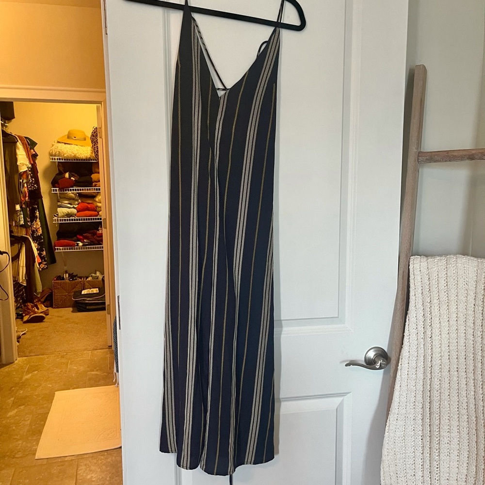 Anthropologie navy blue striped jumpsuit